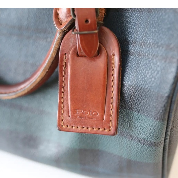 VINTAGE 90’s Ralph Lauren plaid leather & coated canvas doctor bag w/luggage tag - Picture 8 of 14